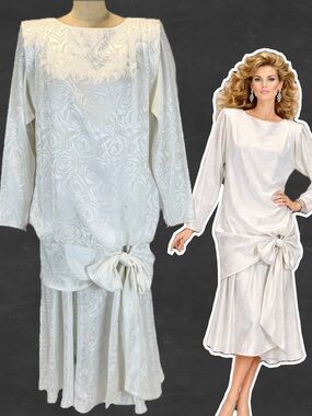 VINTAGE 80s glam formal dress drop waist large bow slouchy oversized white midi